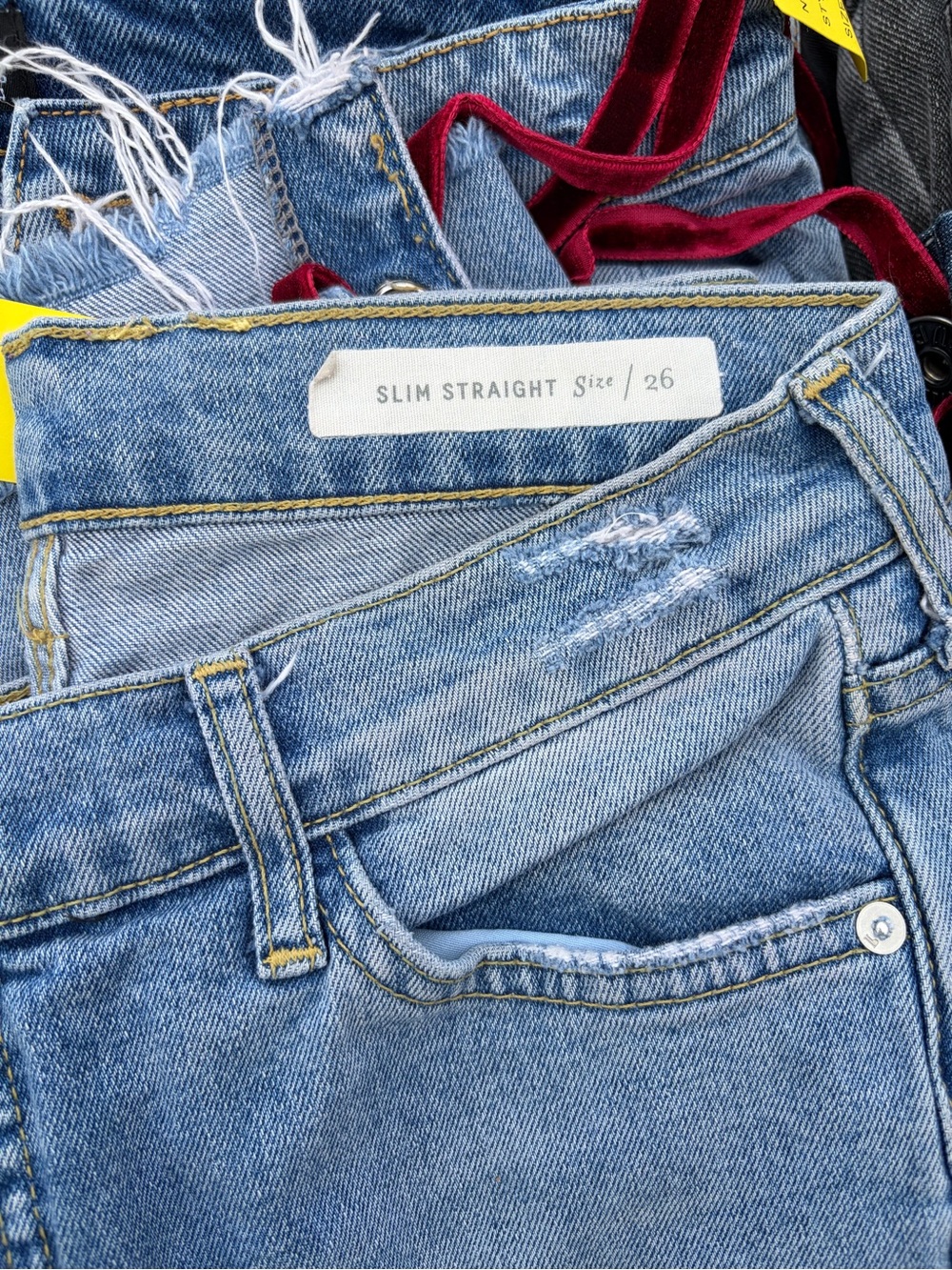 Pilcro Light Blue Denim Boyfriend Jeans with Red Velvet Lace-Up Side - Picture 7 of 7